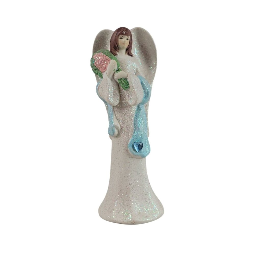Angel Holding Pink Bouquet of Flowers Blue Jeweled Heart Shawl All Over Glitter
